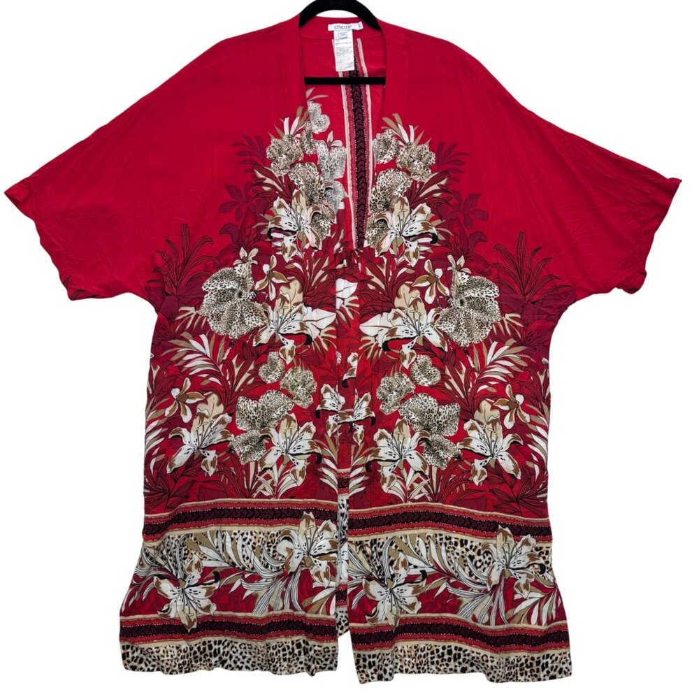 Chico's Red 100% Rayon Art Nouveau Long Kimono Women's Size L/XL